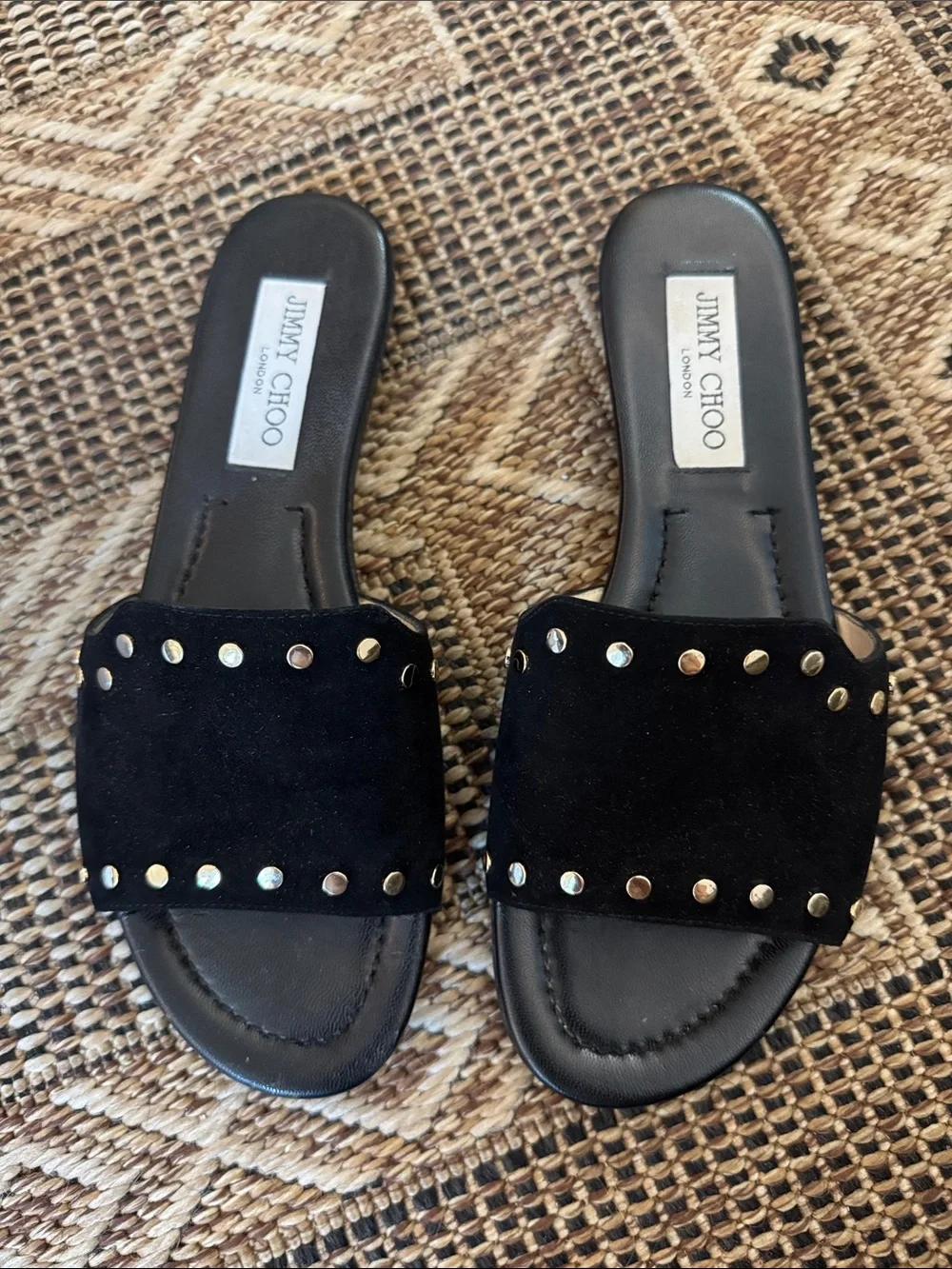 JIMMY CHOO Nanda Studded Slide Suede Flat Sandal Black Gold Size 38 (8)